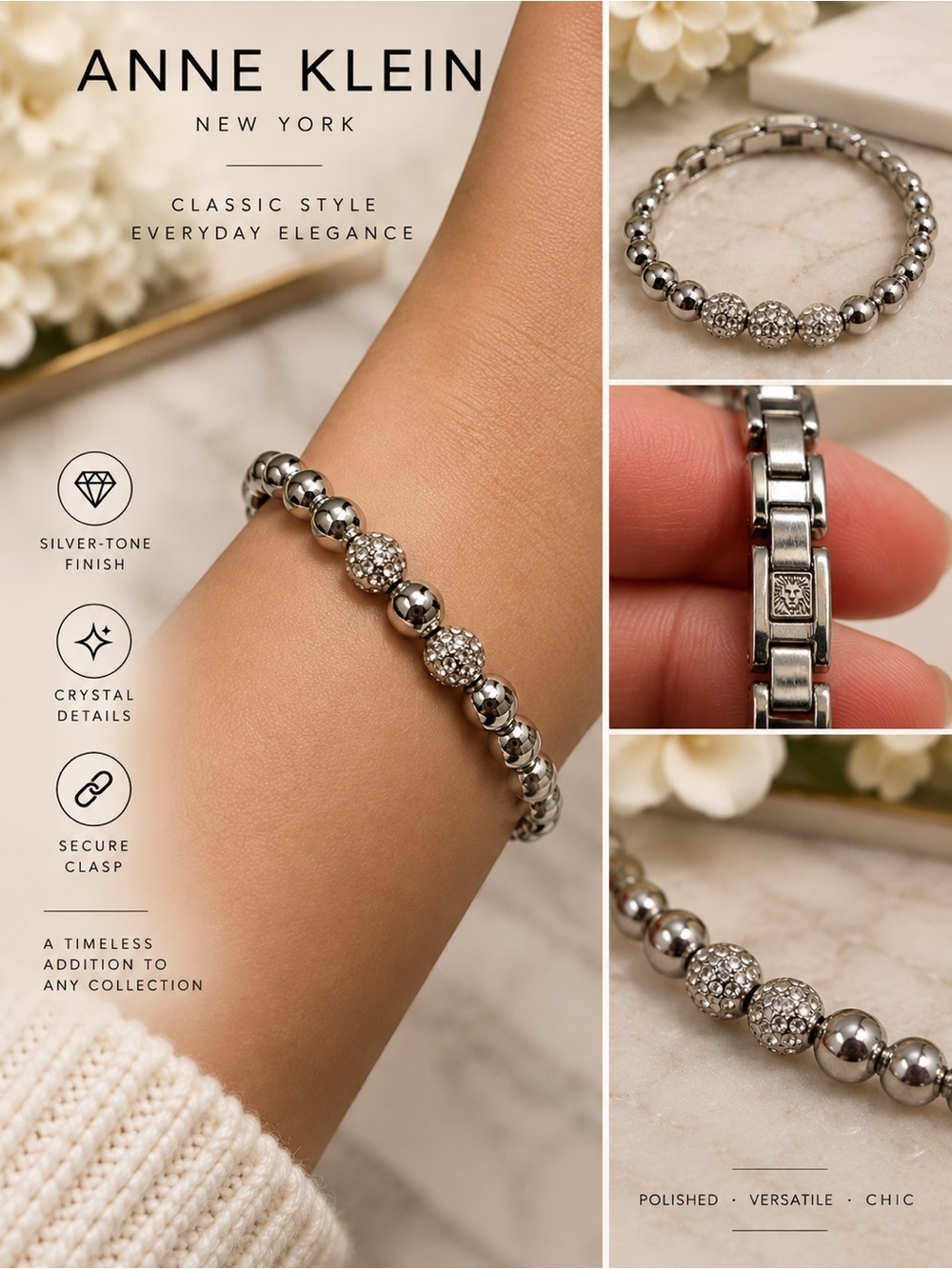 Anne Klein Silver-Tone Pave Crystal Bead Bracelet